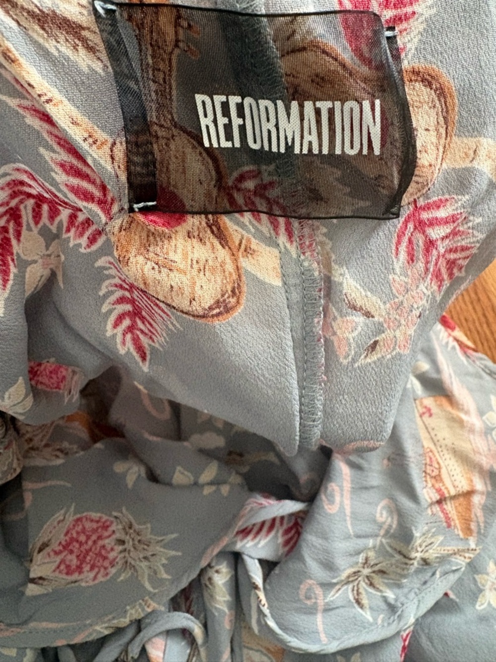 Reformation Blue Tropical Print Wrap Midi Dress Silk Feel Slip Dress Boho Resort - Picture 7 of 11